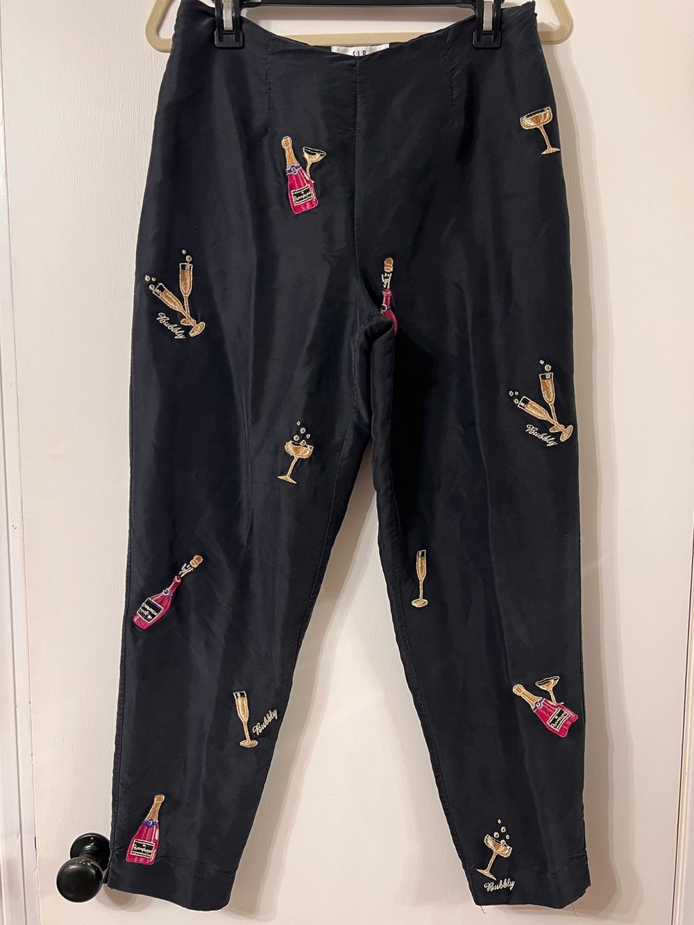 100% SILK SLB CHAMPAGNE COCKTAIL NOVELTY HIGH RISE VINTAGE PANTS ✨